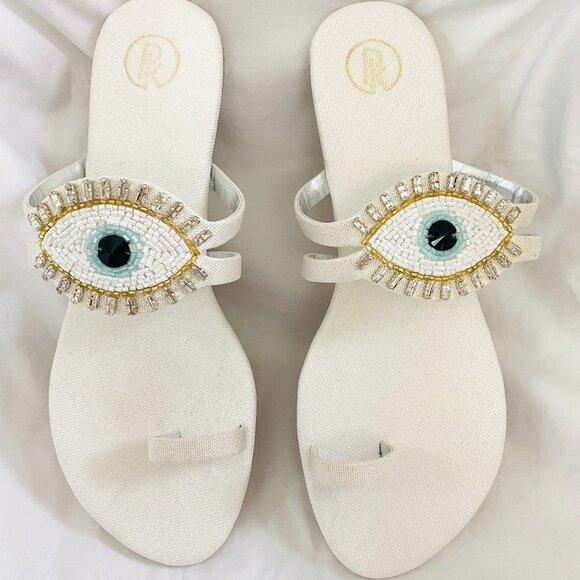 NWT Evil Eye Beaded Preet Kaur India Designer Sandals Flats 40 Vegan Resortwear - Picture 1 of 7